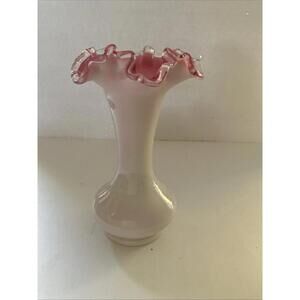 Vintage Fenton White/Pink/Peach Crest Ruffled Crimped Clear Glass Edge Vase 8"H